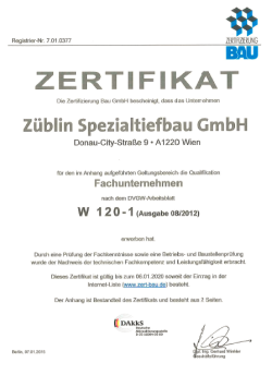 Zertifikat für den im Anhang aufgeführten Geltungsbereich die Qualifikation Fachunternehmen nach dem DVGW-Arbeitsblatt W 120-1 (Ausgabe 08-3012)